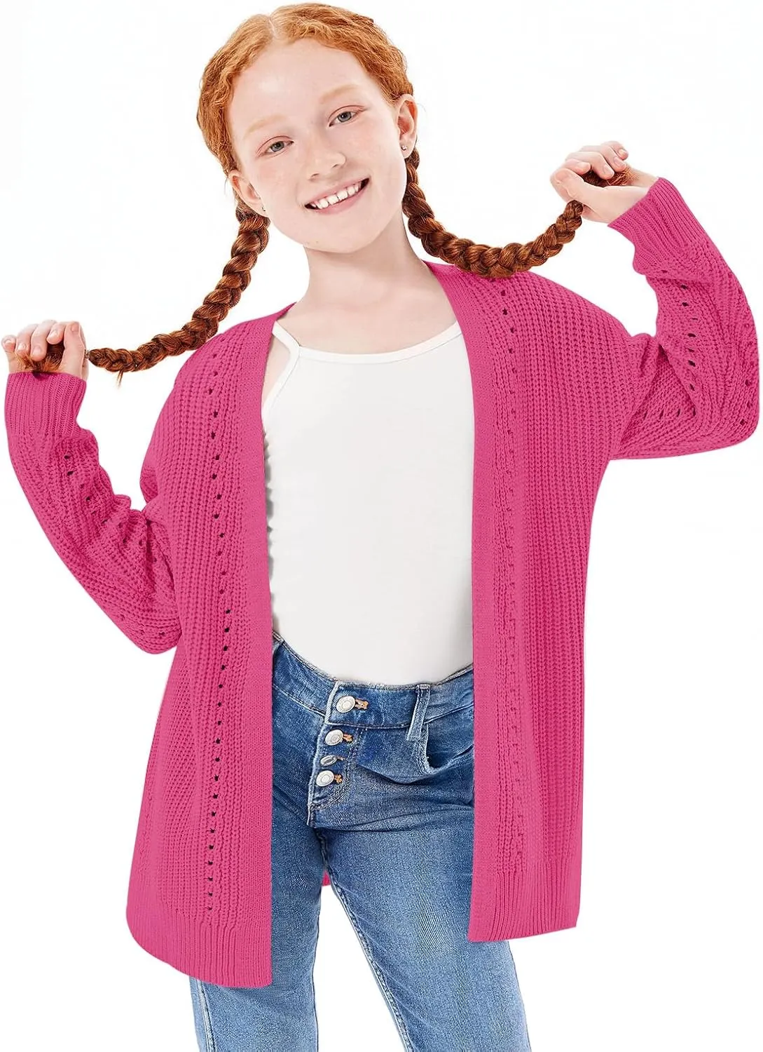 Haloumoning Girls Open Front Cardigan Sweaters Kids Fall Fashion Side Slit Outerwear 5-14 Years