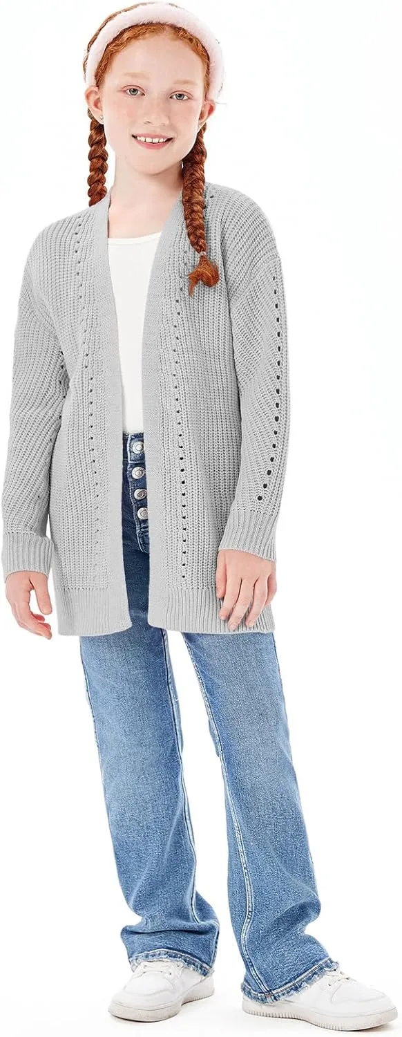 Haloumoning Girls Open Front Cardigan Sweaters Kids Fall Fashion Side Slit Outerwear 5-14 Years