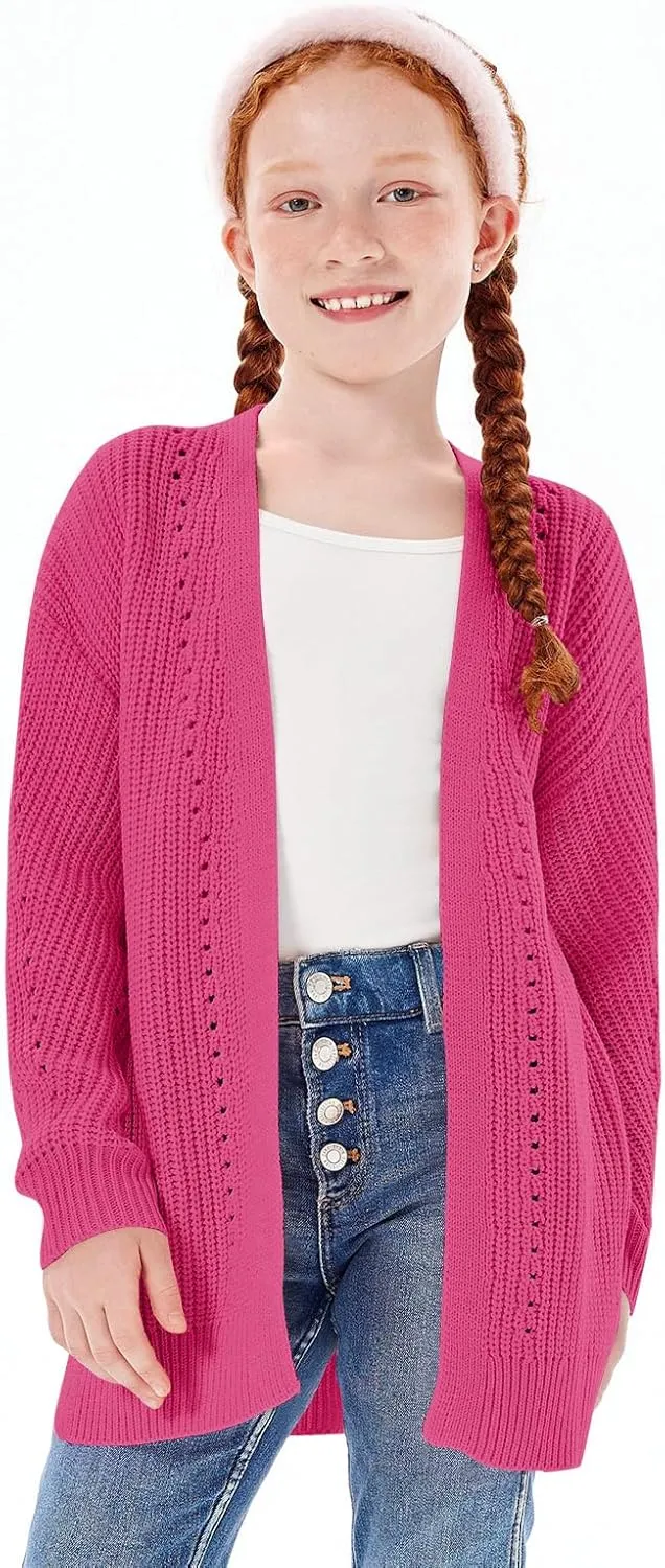 Haloumoning Girls Open Front Cardigan Sweaters Kids Fall Fashion Side Slit Outerwear 5-14 Years