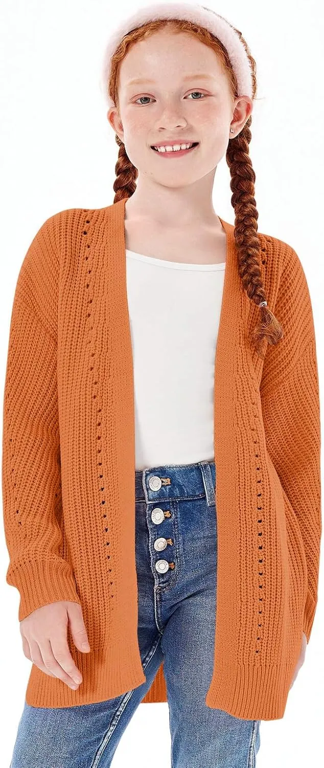 Haloumoning Girls Open Front Cardigan Sweaters Kids Fall Fashion Side Slit Outerwear 5-14 Years