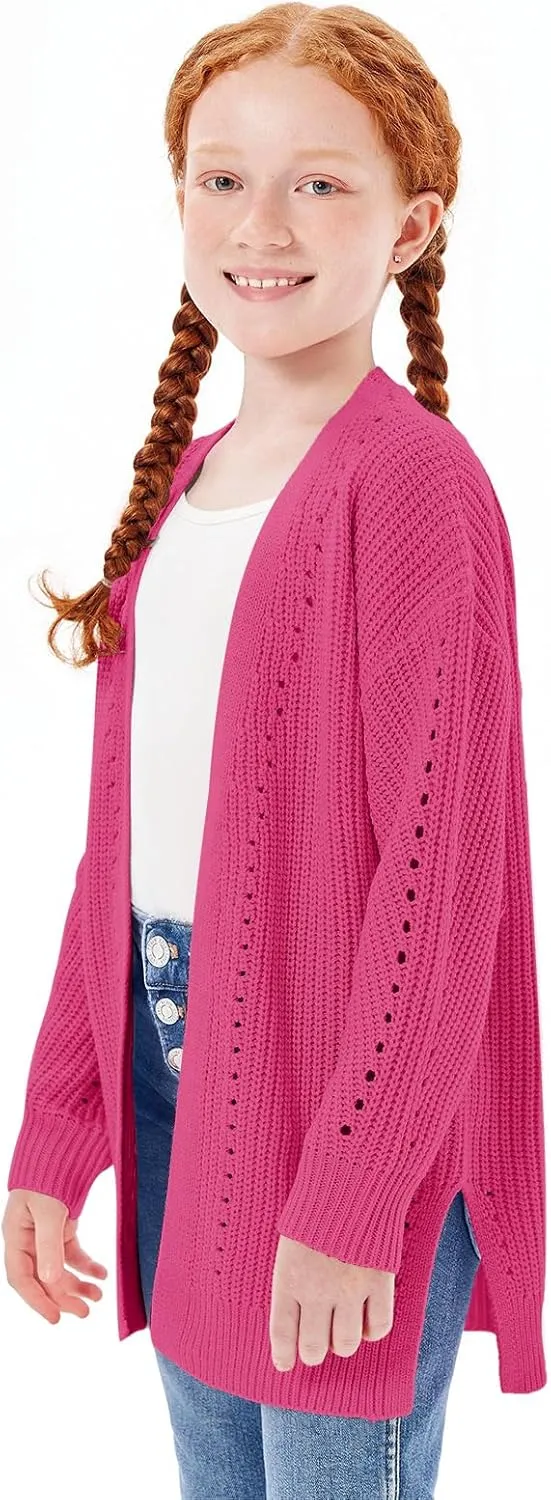 Haloumoning Girls Open Front Cardigan Sweaters Kids Fall Fashion Side Slit Outerwear 5-14 Years