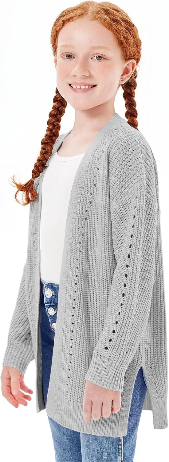 Haloumoning Girls Open Front Cardigan Sweaters Kids Fall Fashion Side Slit Outerwear 5-14 Years
