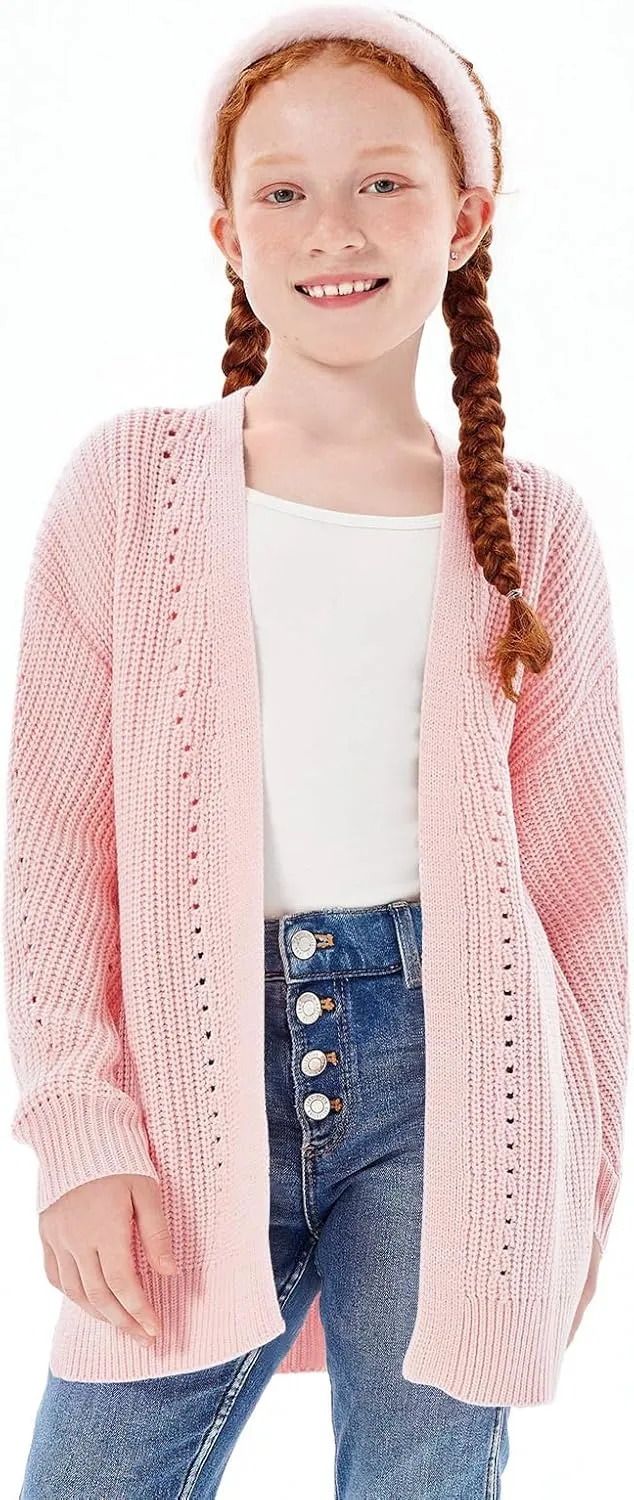 Haloumoning Girls Open Front Cardigan Sweaters Kids Fall Fashion Side Slit Outerwear 5-14 Years