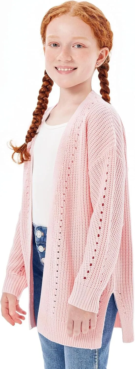 Haloumoning Girls Open Front Cardigan Sweaters Kids Fall Fashion Side Slit Outerwear 5-14 Years