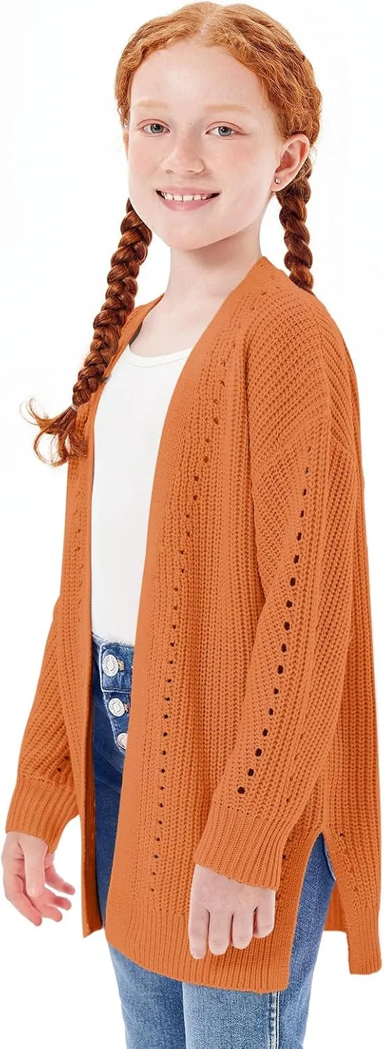 Haloumoning Girls Open Front Cardigan Sweaters Kids Fall Fashion Side Slit Outerwear 5-14 Years