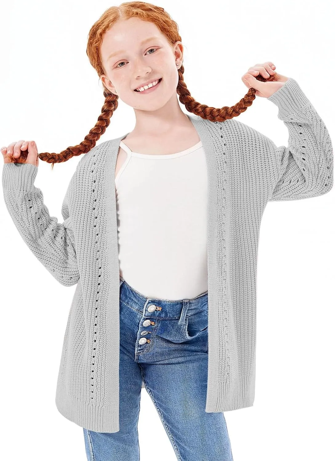 Haloumoning Girls Open Front Cardigan Sweaters Kids Fall Fashion Side Slit Outerwear 5-14 Years