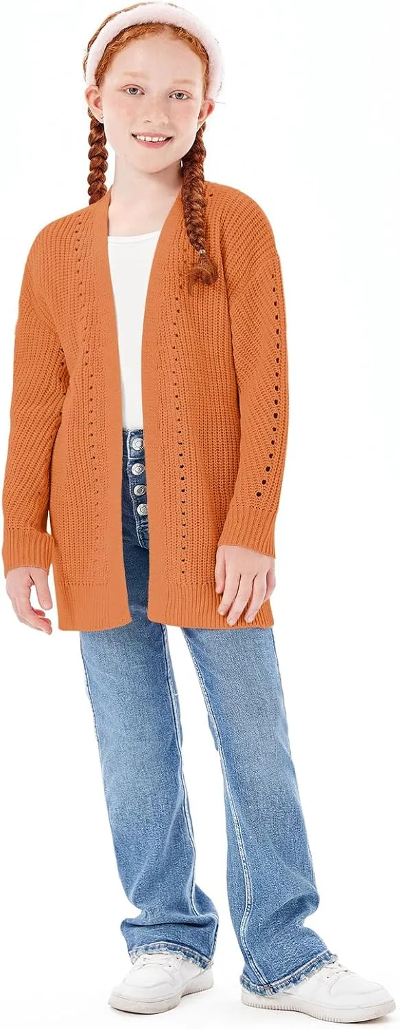 Haloumoning Girls Open Front Cardigan Sweaters Kids Fall Fashion Side Slit Outerwear 5-14 Years