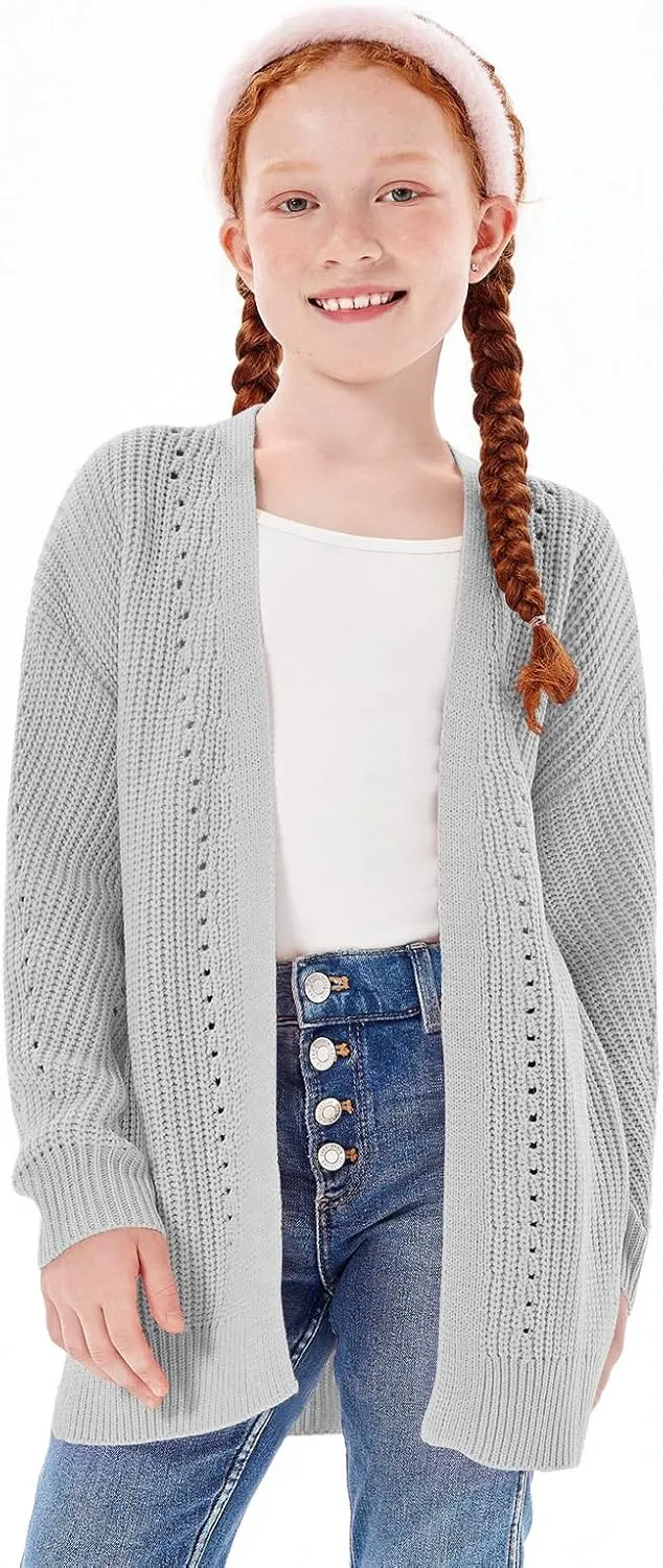 Haloumoning Girls Open Front Cardigan Sweaters Kids Fall Fashion Side Slit Outerwear 5-14 Years