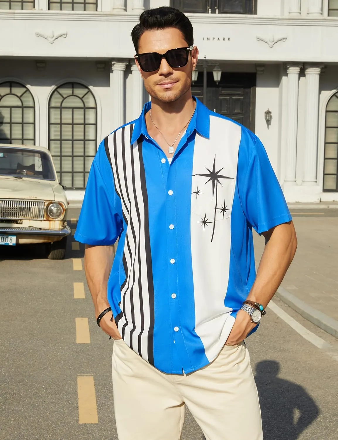 Hardaddy Men's Vintage Bowling Shirt Short Sleeve Button Down Hawaiian Summer Beach Printed Casual Shirts
