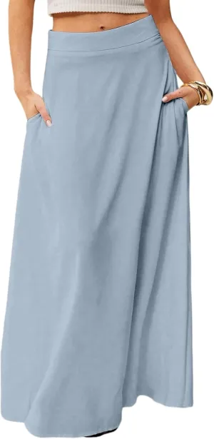 HAVUITYY Women's 2025 Bohemian Long Skirts Casual Solid Color Flowy High Waist A Line Summer Maxi Skirts for Women