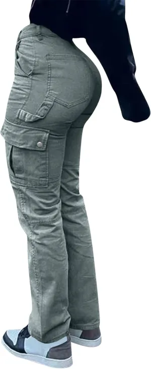 High Waisted Cargo Pants for Women Casual Baggy Cargo Jeans Straight Wide Leg Trousers Stretchy Pants with Pockets