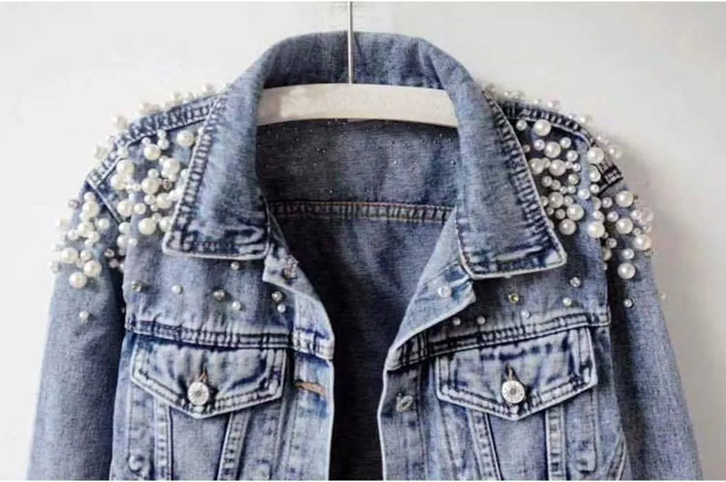 Hixiaohe Women Loose Embroidered Pearls Beading Cropped Denim Jacket Jean Coat