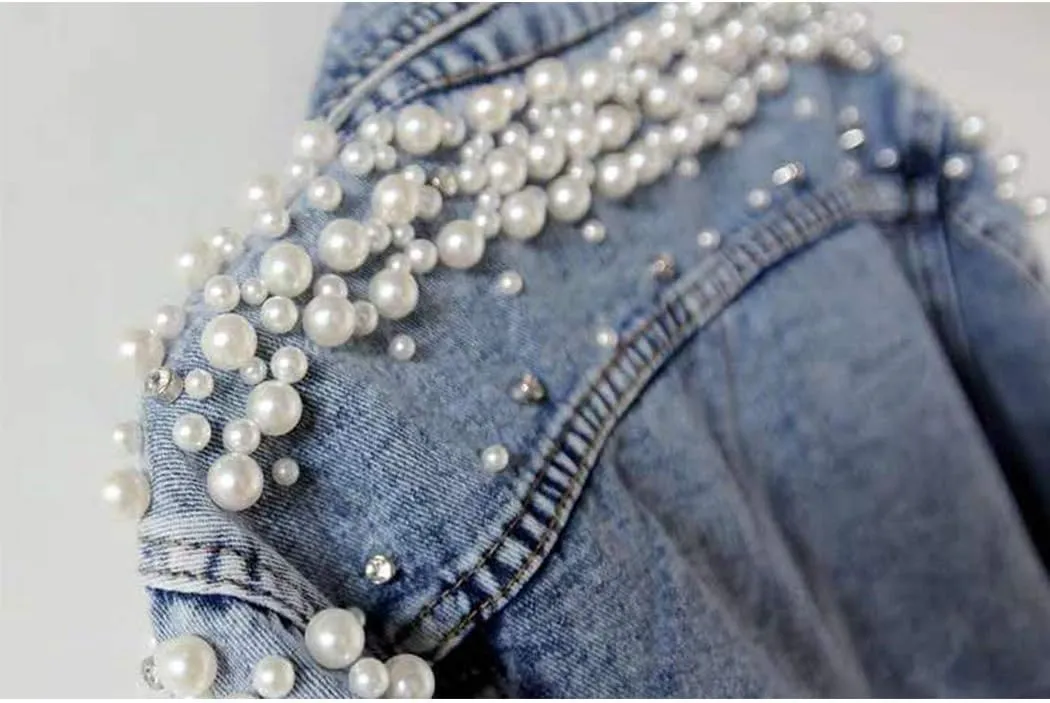Hixiaohe Women Loose Embroidered Pearls Beading Cropped Denim Jacket Jean Coat