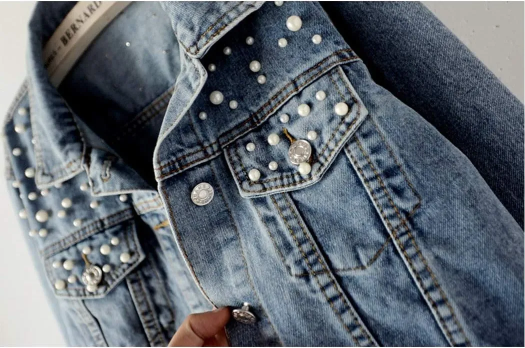 Hixiaohe Women Loose Embroidered Pearls Beading Cropped Denim Jacket Jean Coat