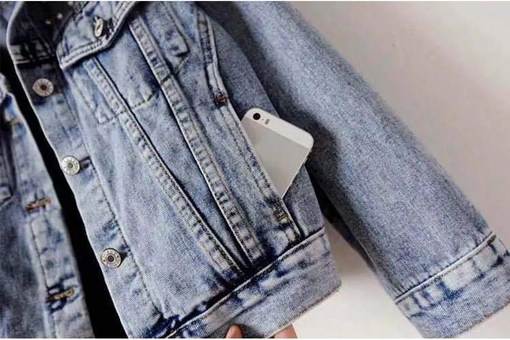 Hixiaohe Women Loose Embroidered Pearls Beading Cropped Denim Jacket Jean Coat