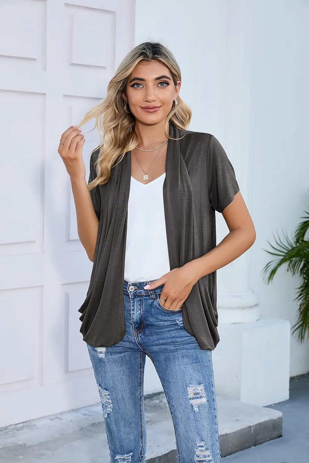 HIYIYEZI Open Front Cardigan Sweaters for Women with Pockets Lightweight Short Sleeve Ruffle Front Kimono Cardigan Duster
