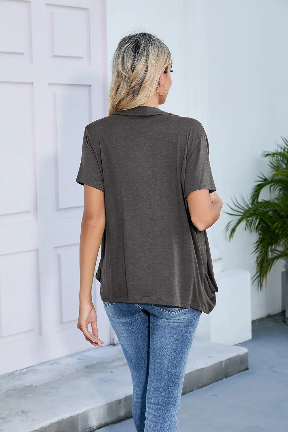 HIYIYEZI Open Front Cardigan Sweaters for Women with Pockets Lightweight Short Sleeve Ruffle Front Kimono Cardigan Duster