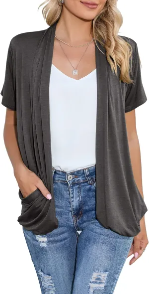 HIYIYEZI Open Front Cardigan Sweaters for Women with Pockets Lightweight Short Sleeve Ruffle Front Kimono Cardigan Duster