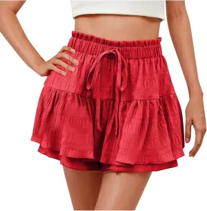 hlysgo Flowy Shorts for Women Casual Boho Ruffle Tiered Skorts High Waisted Drawstring Mini Skirts Tennis Comfy Shorts 2025