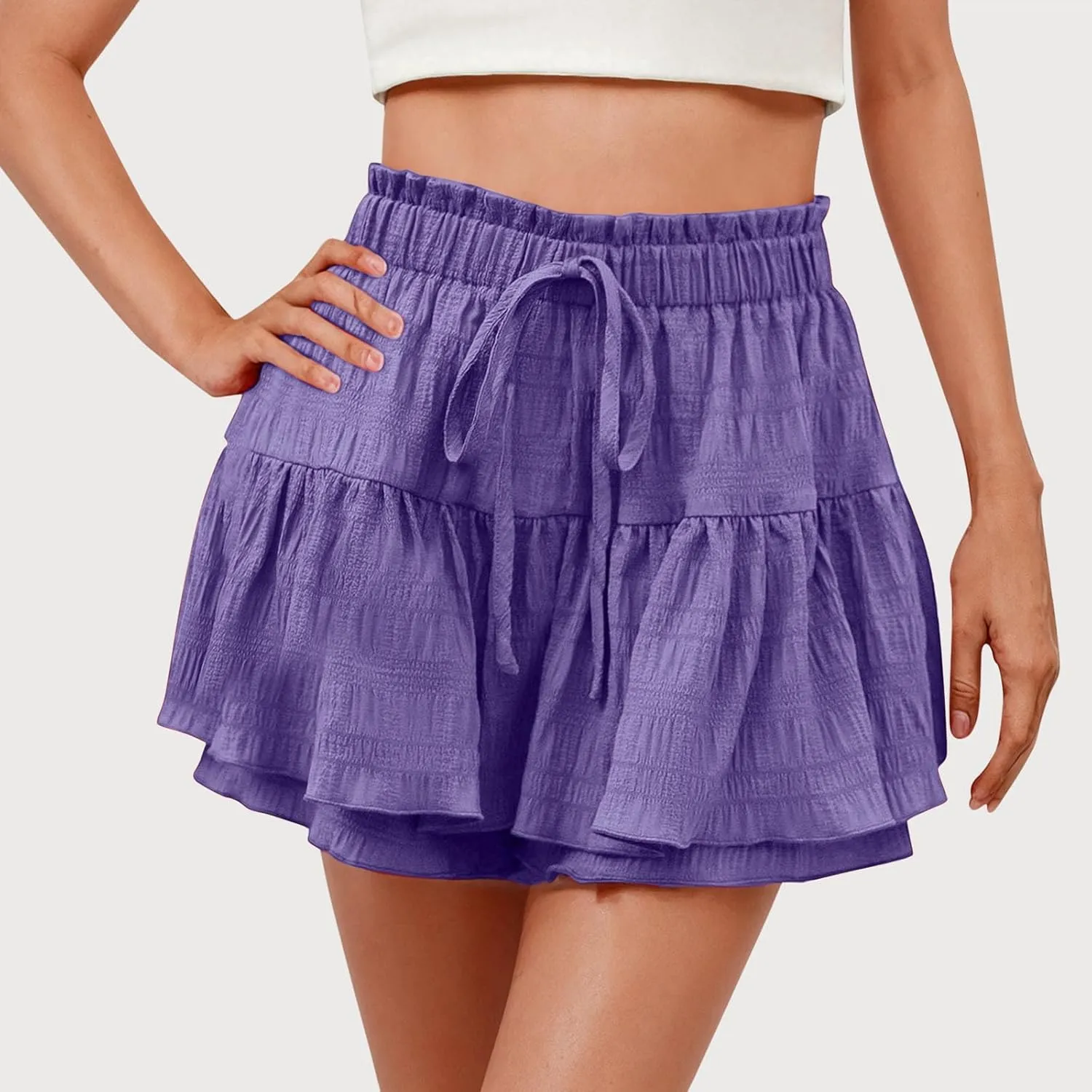 hlysgo Flowy Shorts for Women Casual Boho Ruffle Tiered Skorts High Waisted Drawstring Mini Skirts Tennis Comfy Shorts 2025