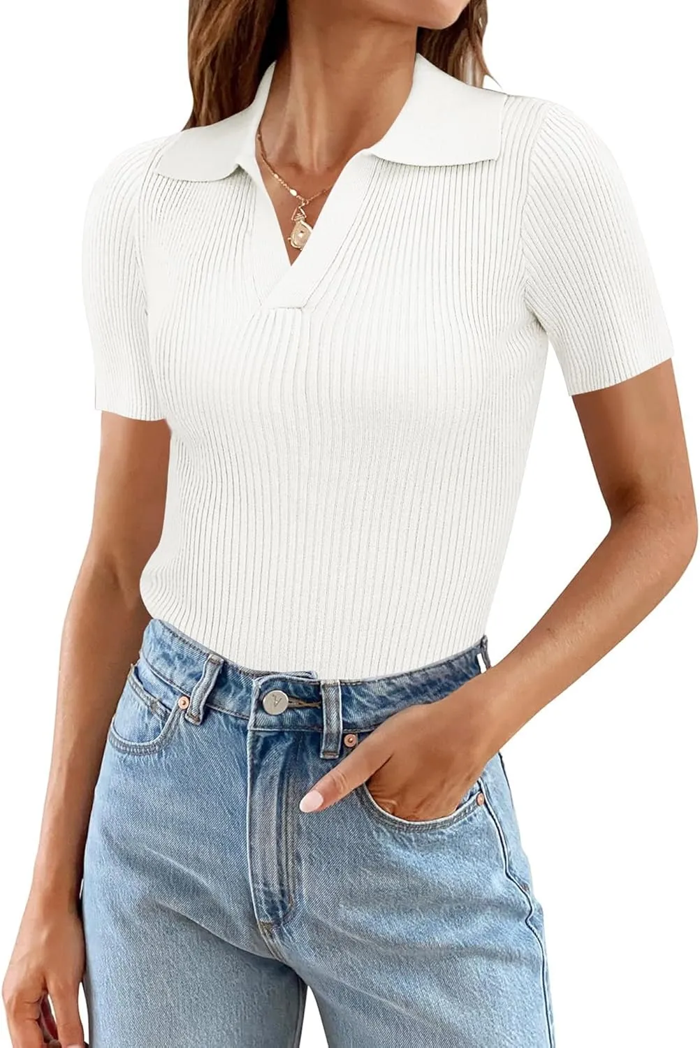 Ivicoer Womens 2025 Summer V Neck Short Sleeve T Shirts Slim Fitted Ribbed Knit Casual Tee Tops