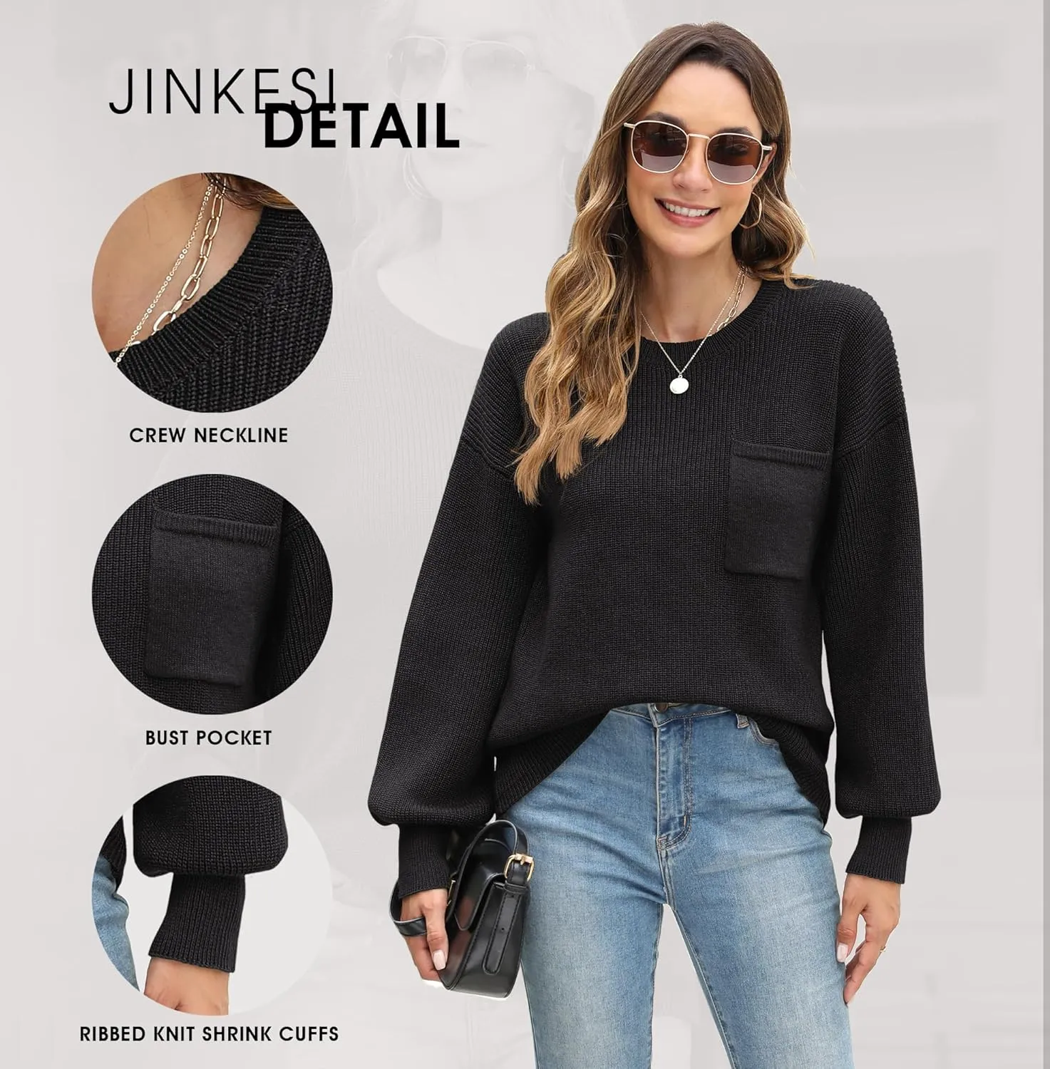 JINKESI Women's Casual Long Sleeve Sweaters Loose Crewneck Knit Solid Oversized Pullover Sweater Trendy Outfits