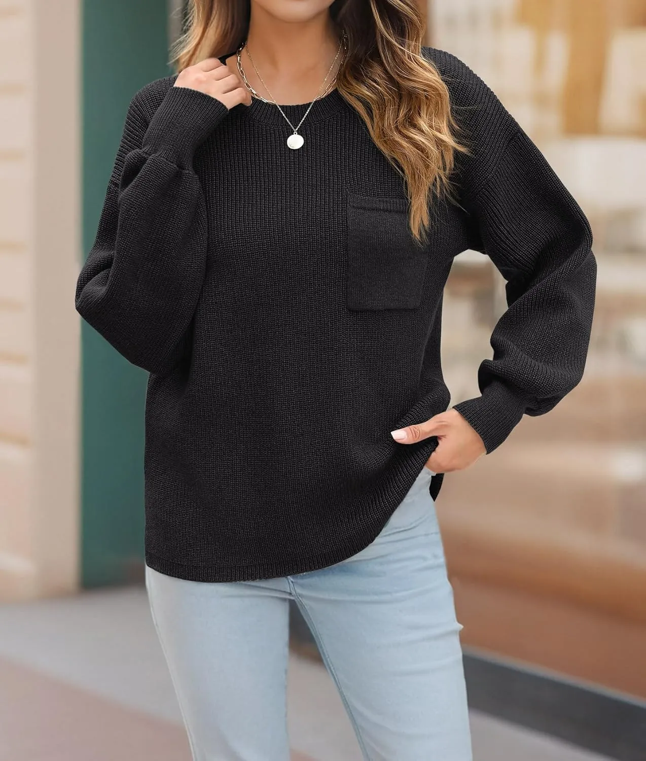 JINKESI Women's Casual Long Sleeve Sweaters Loose Crewneck Knit Solid Oversized Pullover Sweater Trendy Outfits