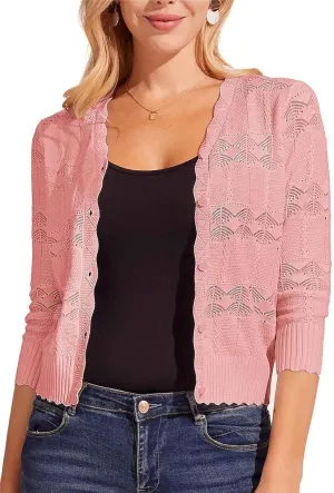 KANCY KOLE Women's 3/4 Sleeve Cropped Cardigan Casual Elegant Shrugs Lightweight Button Front Sweater for Dresses Tops