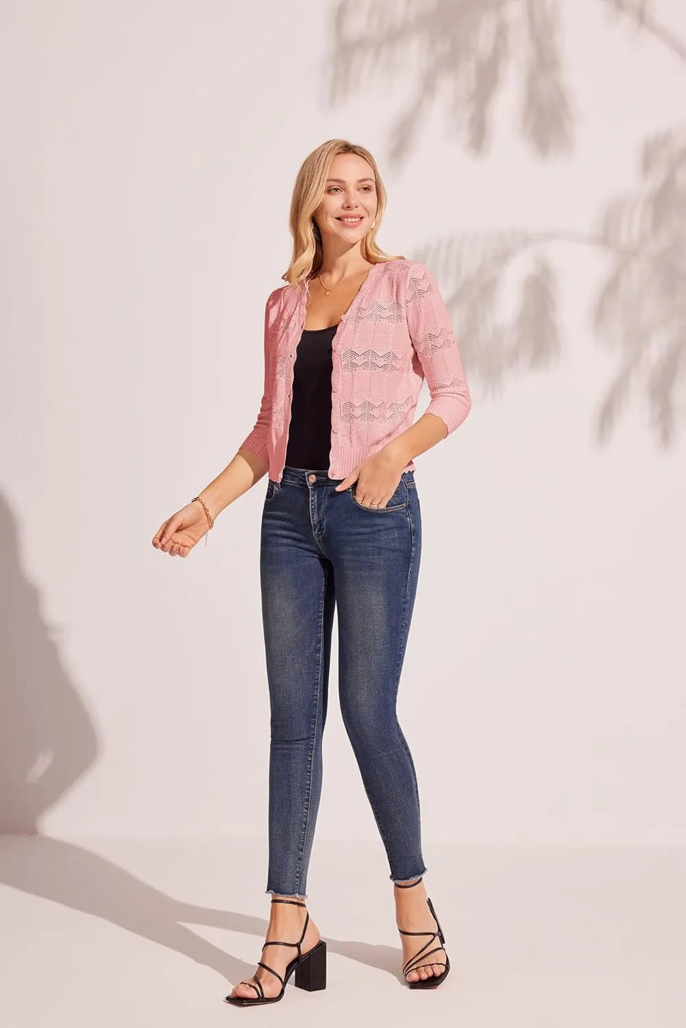 KANCY KOLE Women's 3/4 Sleeve Cropped Cardigan Casual Elegant Shrugs Lightweight Button Front Sweater for Dresses Tops