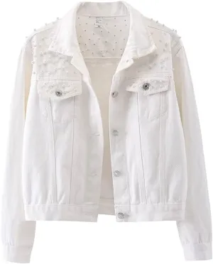 Kedera Women Oversized Denim Jacket Embroidered Pearls Beading Jeans Coat