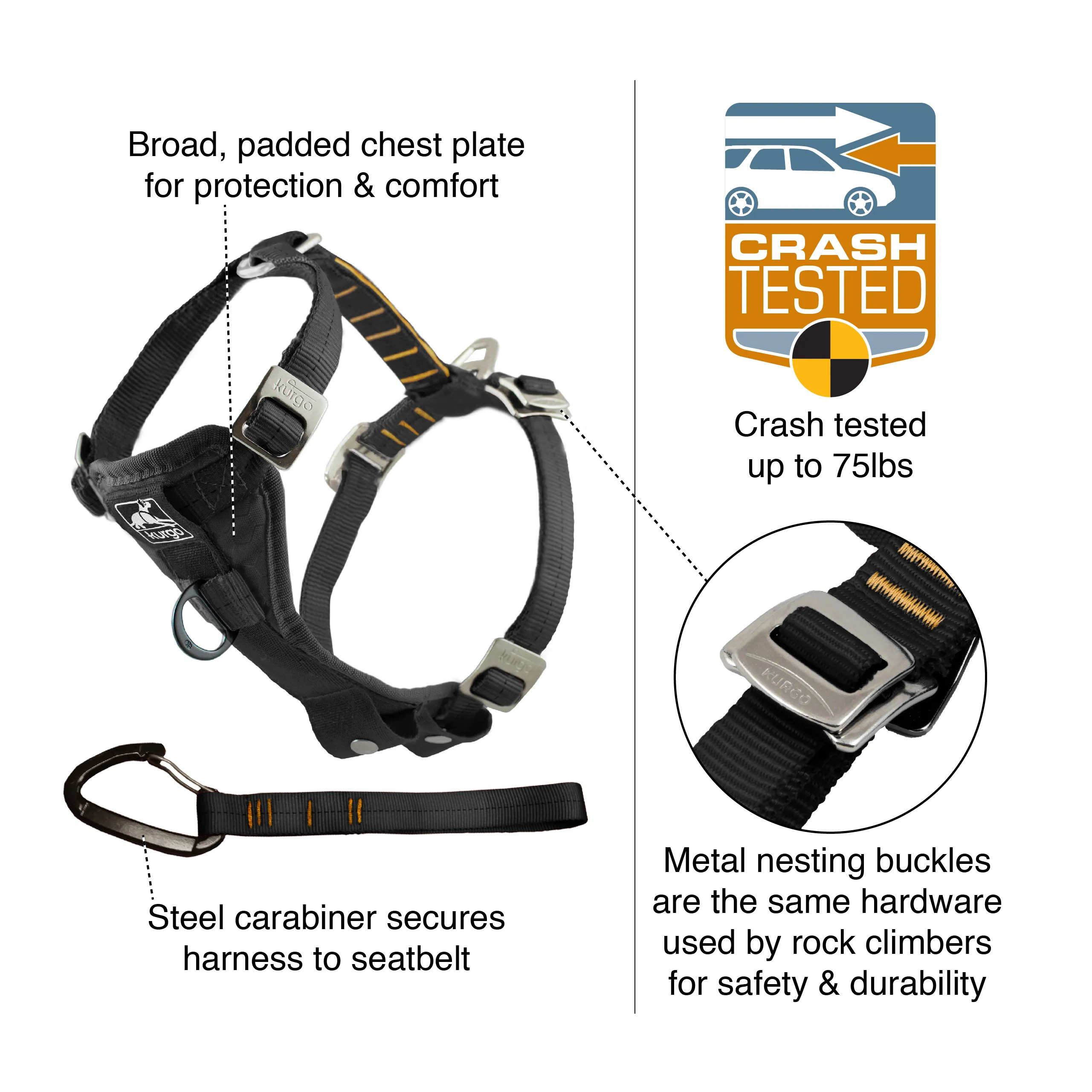 Kurgo Enhanced Strength Tru Fit Dog Car Harness Black