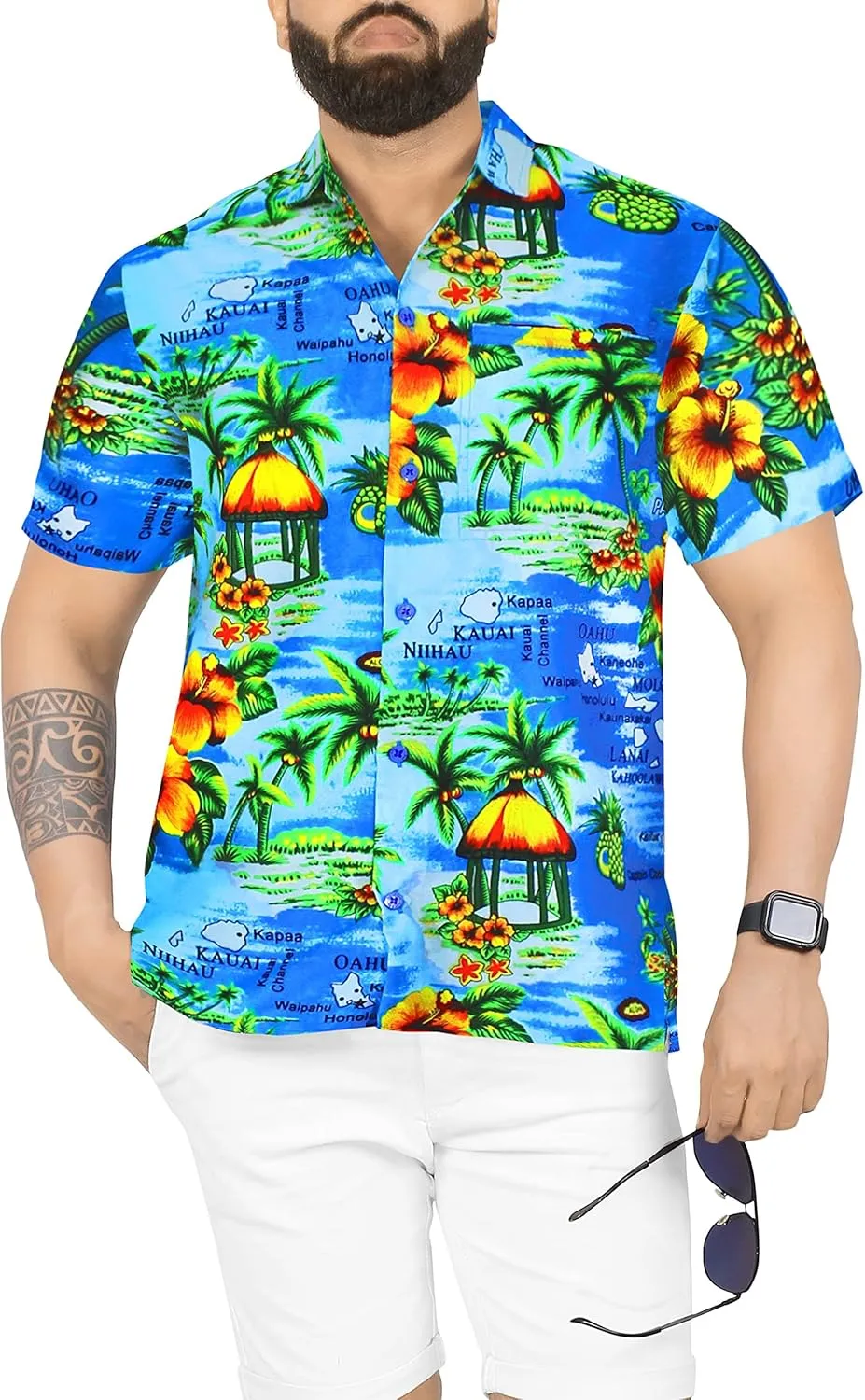 LA LEELA Men's Hawaiian Shirt Pocket Camp
