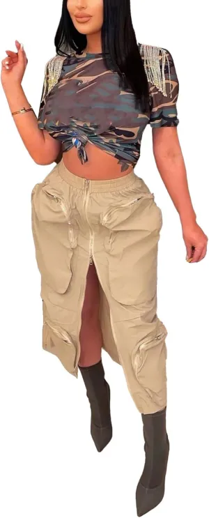 LAJIOJIO Cargo Skirts High Waisted Skirts for Women Front Split Slim Fit Casual Maxi Skirt Streetwear