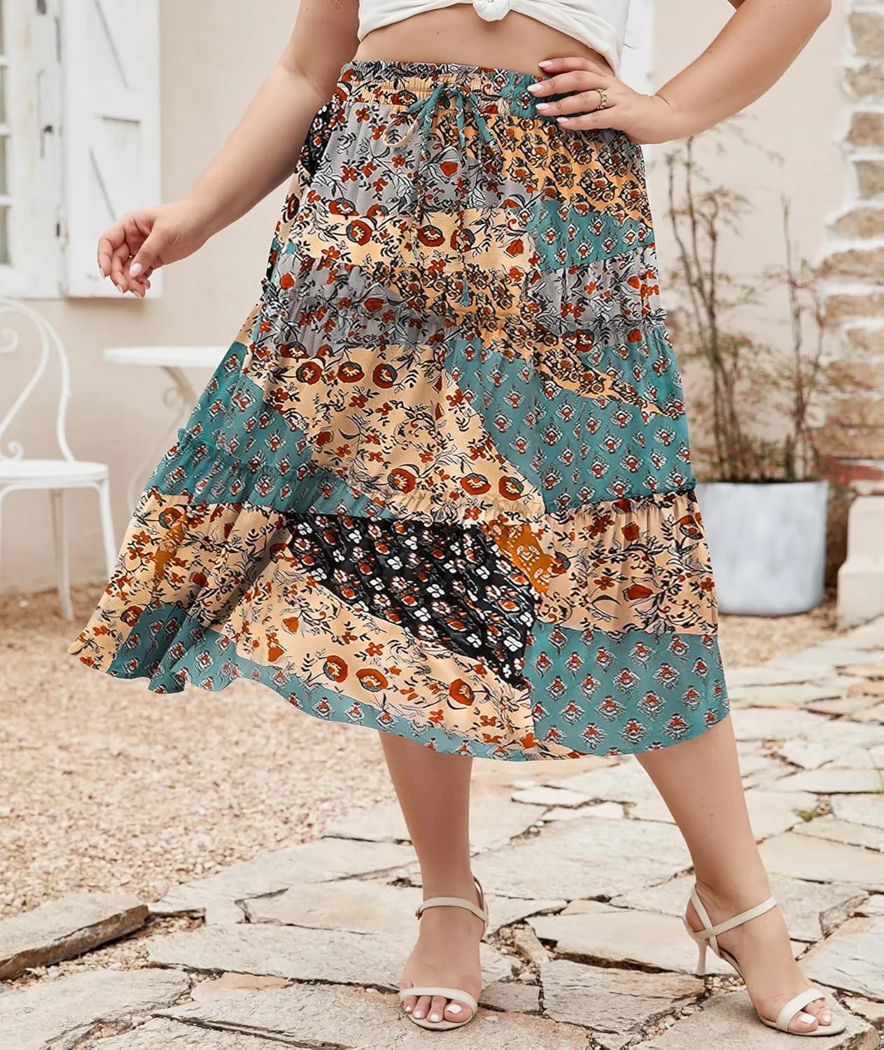 LALAGEN Womens Plus Size Boho Midi Skirt Elastic High Waist Summer Flowy A Line Long Midi Skirt with Pockets