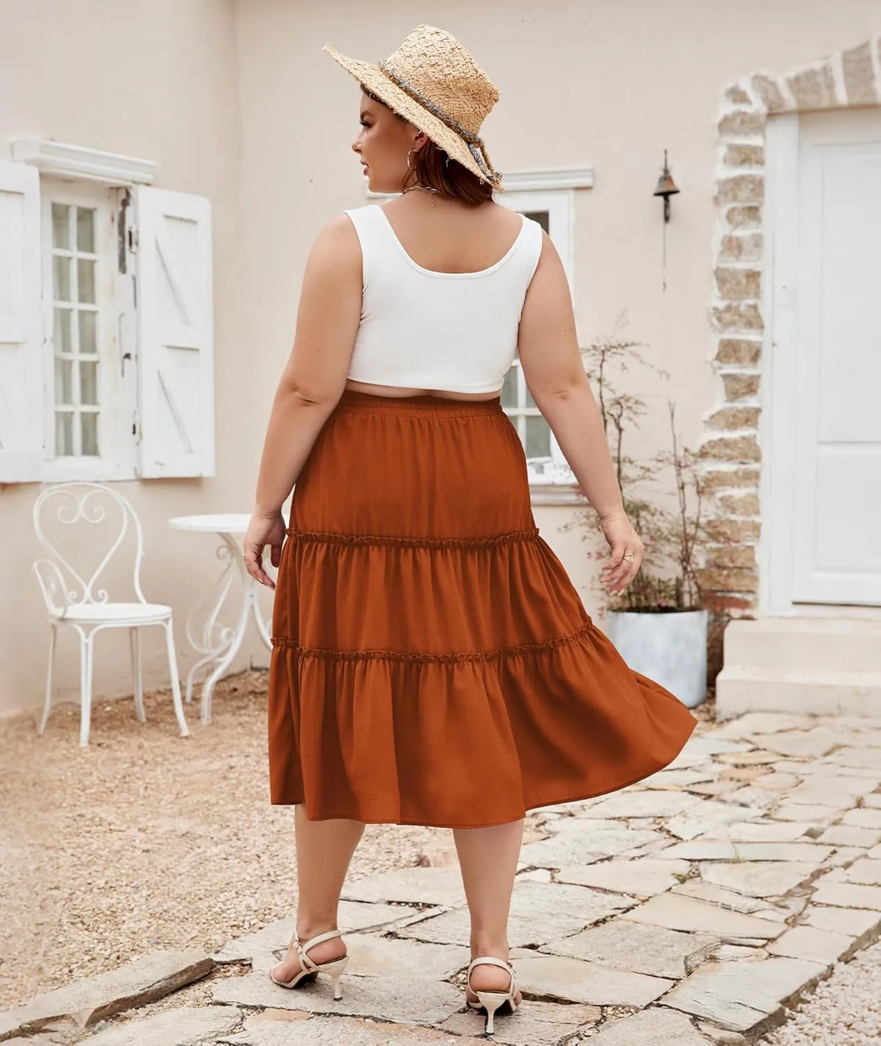 LALAGEN Womens Plus Size Boho Midi Skirt Elastic High Waist Summer Flowy A Line Long Midi Skirt with Pockets