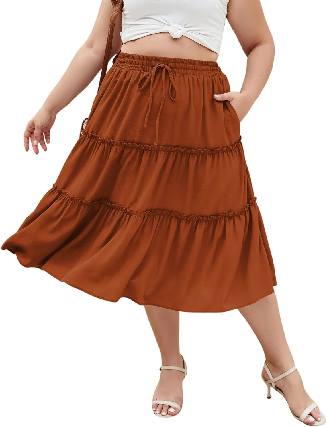 LALAGEN Womens Plus Size Boho Midi Skirt Elastic High Waist Summer Flowy A Line Long Midi Skirt with Pockets