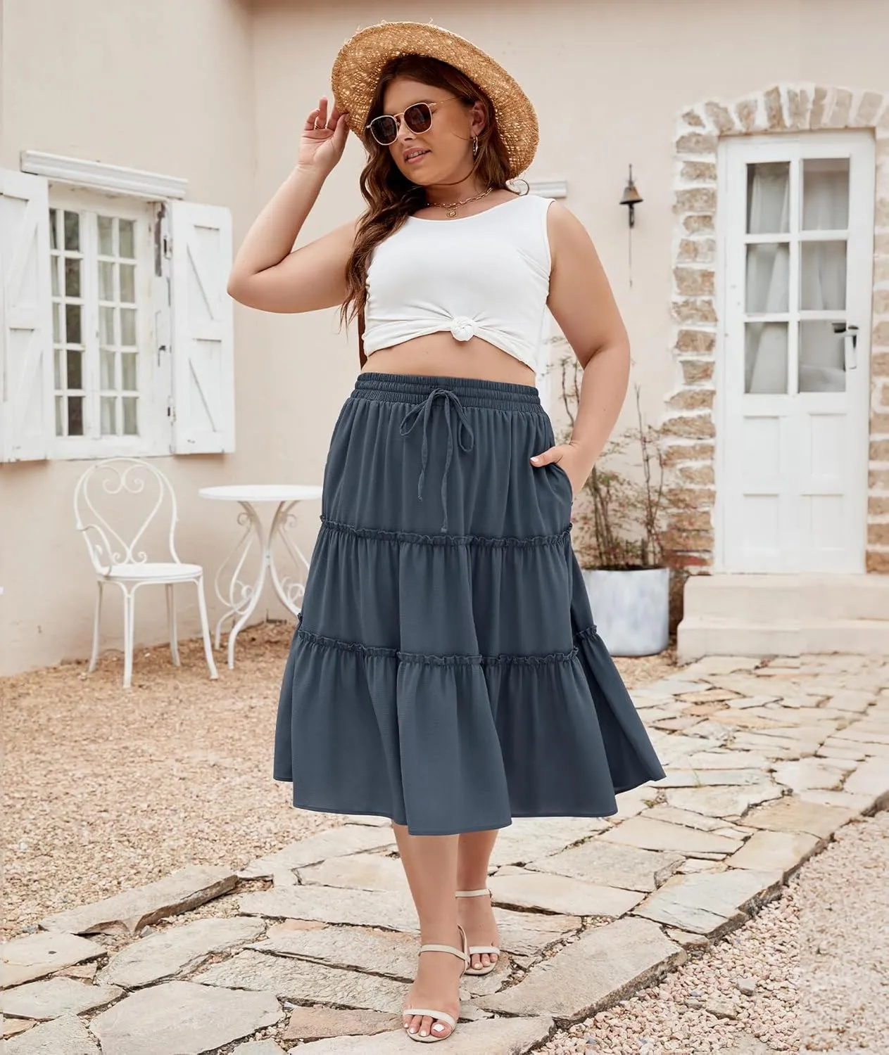 LALAGEN Womens Plus Size Boho Midi Skirt Elastic High Waist Summer Flowy A Line Long Midi Skirt with Pockets