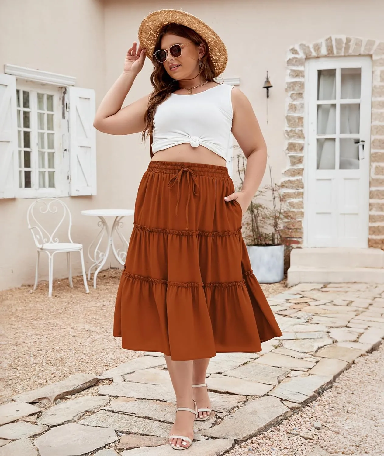 LALAGEN Womens Plus Size Boho Midi Skirt Elastic High Waist Summer Flowy A Line Long Midi Skirt with Pockets