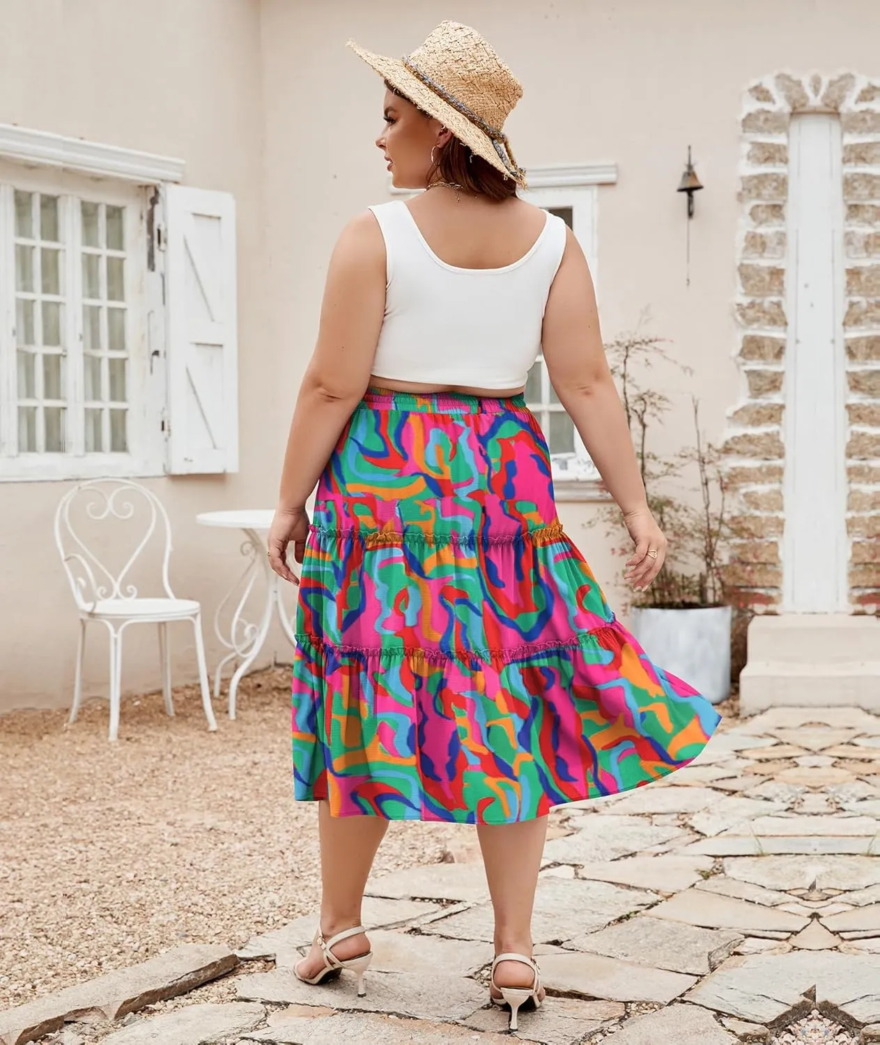 LALAGEN Womens Plus Size Boho Midi Skirt Elastic High Waist Summer Flowy A Line Long Midi Skirt with Pockets