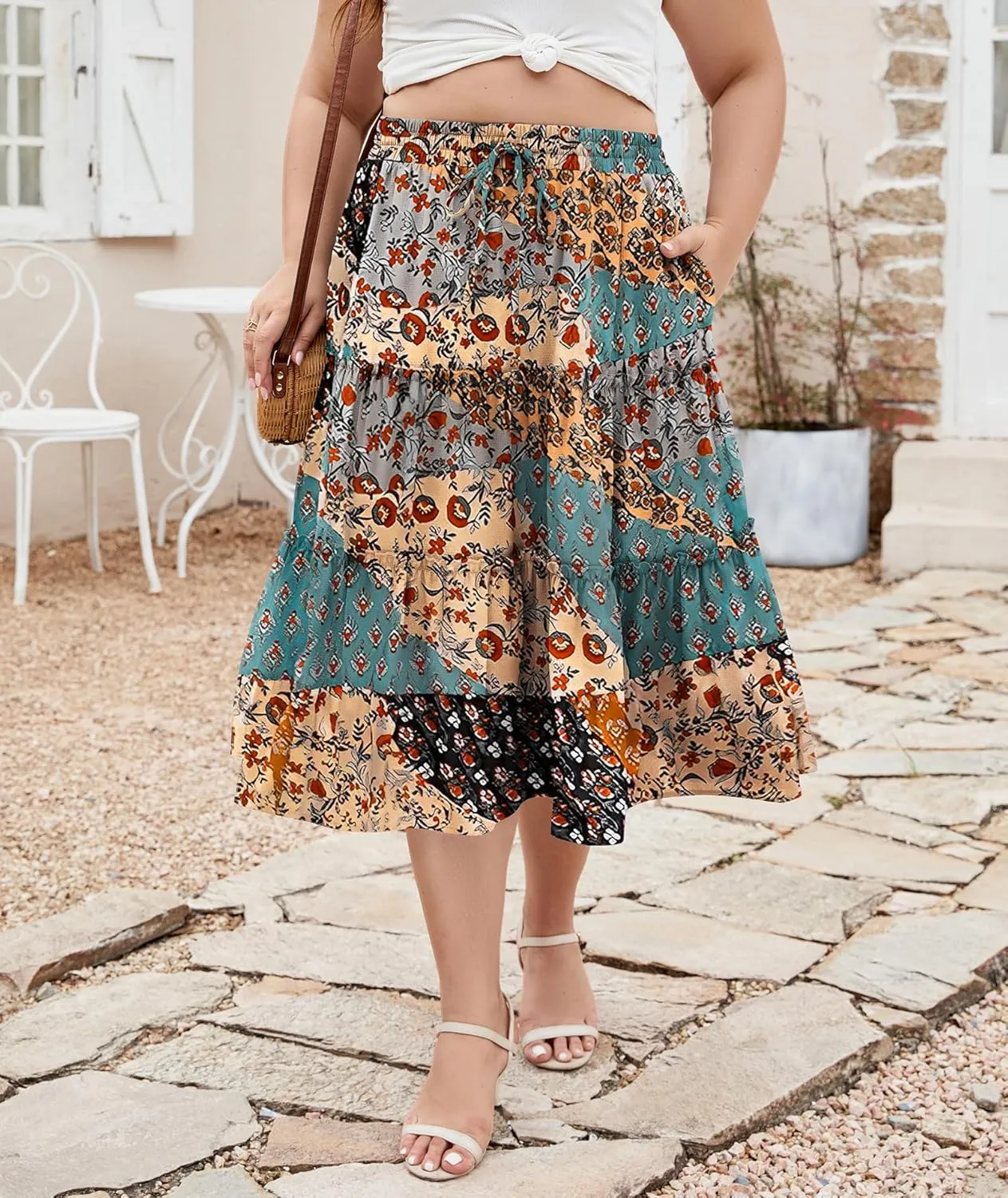 LALAGEN Womens Plus Size Boho Midi Skirt Elastic High Waist Summer Flowy A Line Long Midi Skirt with Pockets