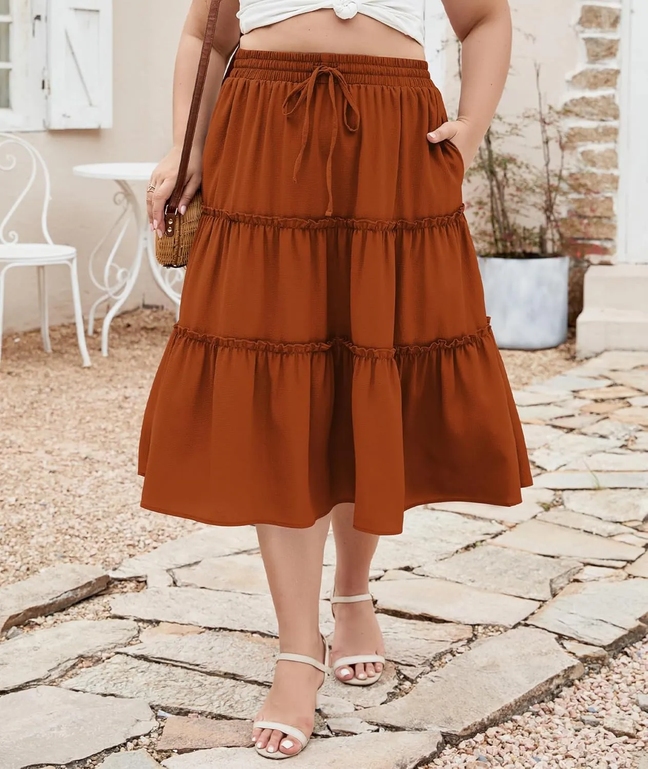 LALAGEN Womens Plus Size Boho Midi Skirt Elastic High Waist Summer Flowy A Line Long Midi Skirt with Pockets