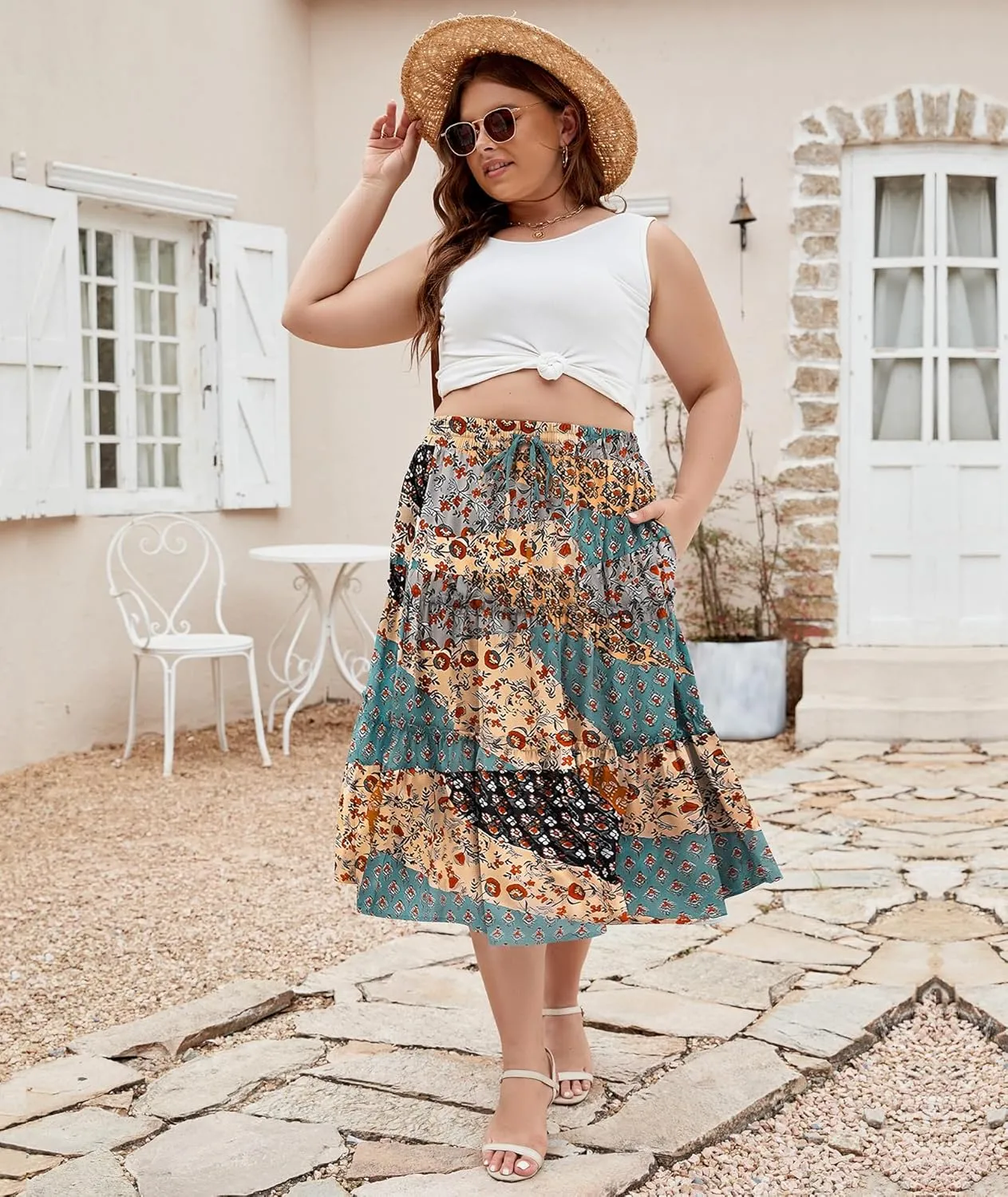 LALAGEN Womens Plus Size Boho Midi Skirt Elastic High Waist Summer Flowy A Line Long Midi Skirt with Pockets