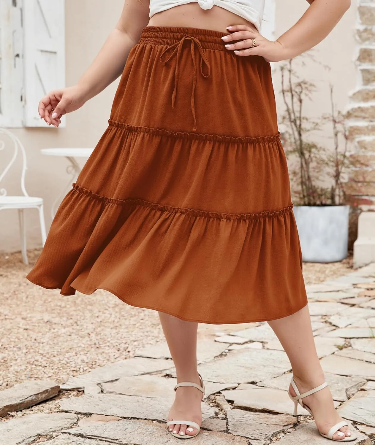 LALAGEN Womens Plus Size Boho Midi Skirt Elastic High Waist Summer Flowy A Line Long Midi Skirt with Pockets