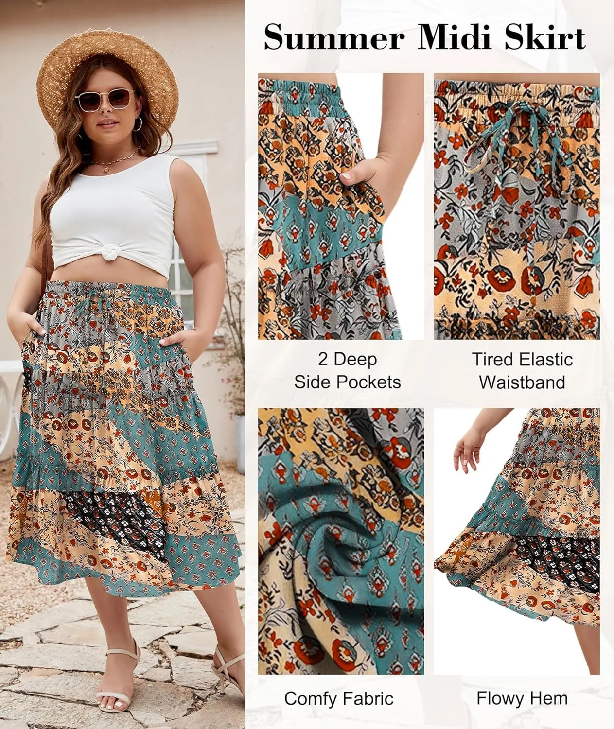 LALAGEN Womens Plus Size Boho Midi Skirt Elastic High Waist Summer Flowy A Line Long Midi Skirt with Pockets