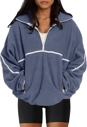 LASLULU Womens Half Zip Pullover Sweatshirt Sherpa Fleece Jacket Oversized Sweatshirts Warm Fuzzy Sweaters Pockets