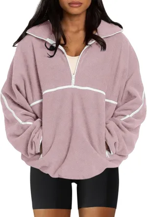 LASLULU Womens Half Zip Pullover Sweatshirt Sherpa Fleece Jacket Oversized Sweatshirts Warm Fuzzy Sweaters Pockets