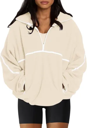 LASLULU Womens Half Zip Pullover Sweatshirt Sherpa Fleece Jacket Oversized Sweatshirts Warm Fuzzy Sweaters Pockets