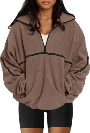 LASLULU Womens Half Zip Pullover Sweatshirt Sherpa Fleece Jacket Oversized Sweatshirts Warm Fuzzy Sweaters Pockets