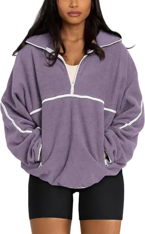 LASLULU Womens Half Zip Pullover Sweatshirt Sherpa Fleece Jacket Oversized Sweatshirts Warm Fuzzy Sweaters Pockets