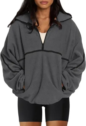 LASLULU Womens Half Zip Pullover Sweatshirt Sherpa Fleece Jacket Oversized Sweatshirts Warm Fuzzy Sweaters Pockets